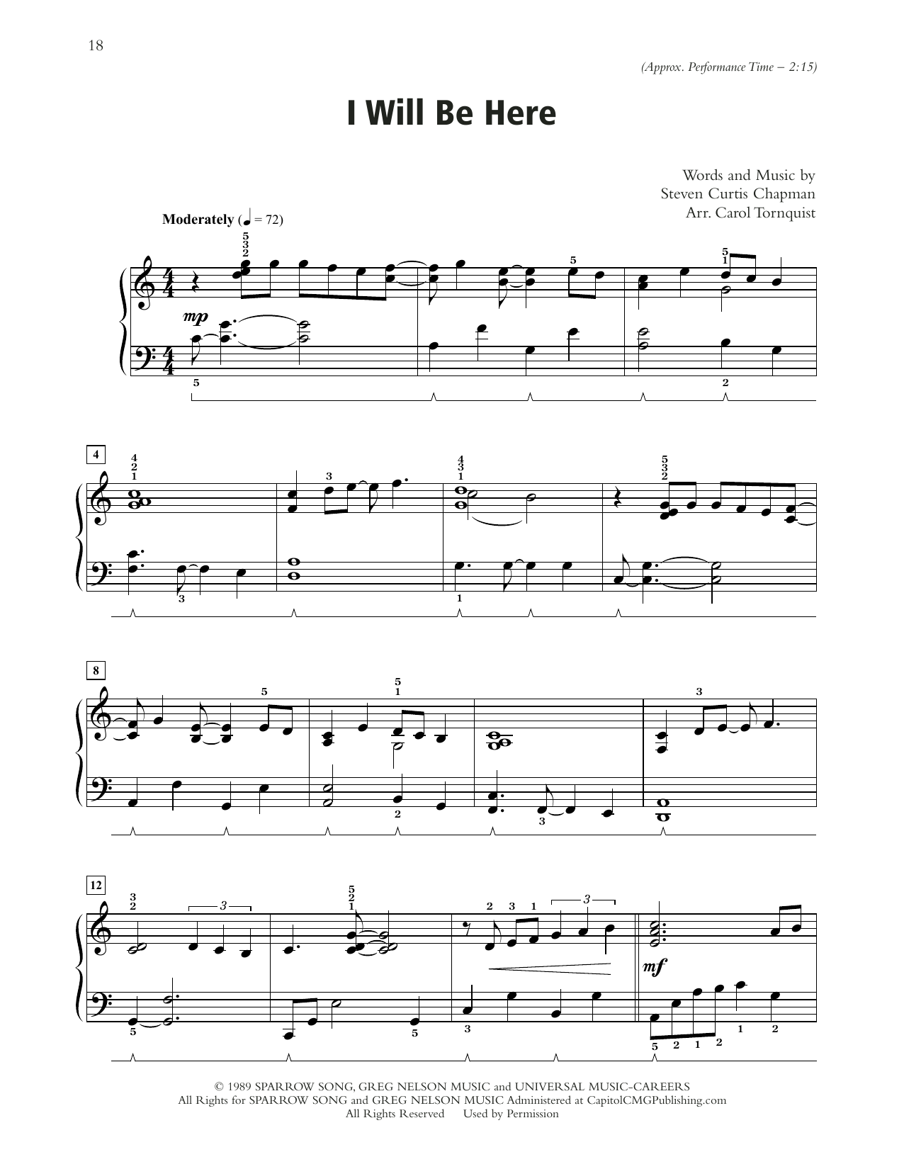 Steven Curtis Chapman I Will Be Here (arr. Carol Tornquist) sheet music notes and chords. Download Printable PDF.