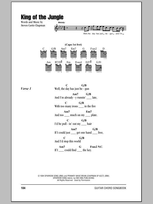 Steven Curtis Chapman King Of The Jungle sheet music notes and chords. Download Printable PDF.