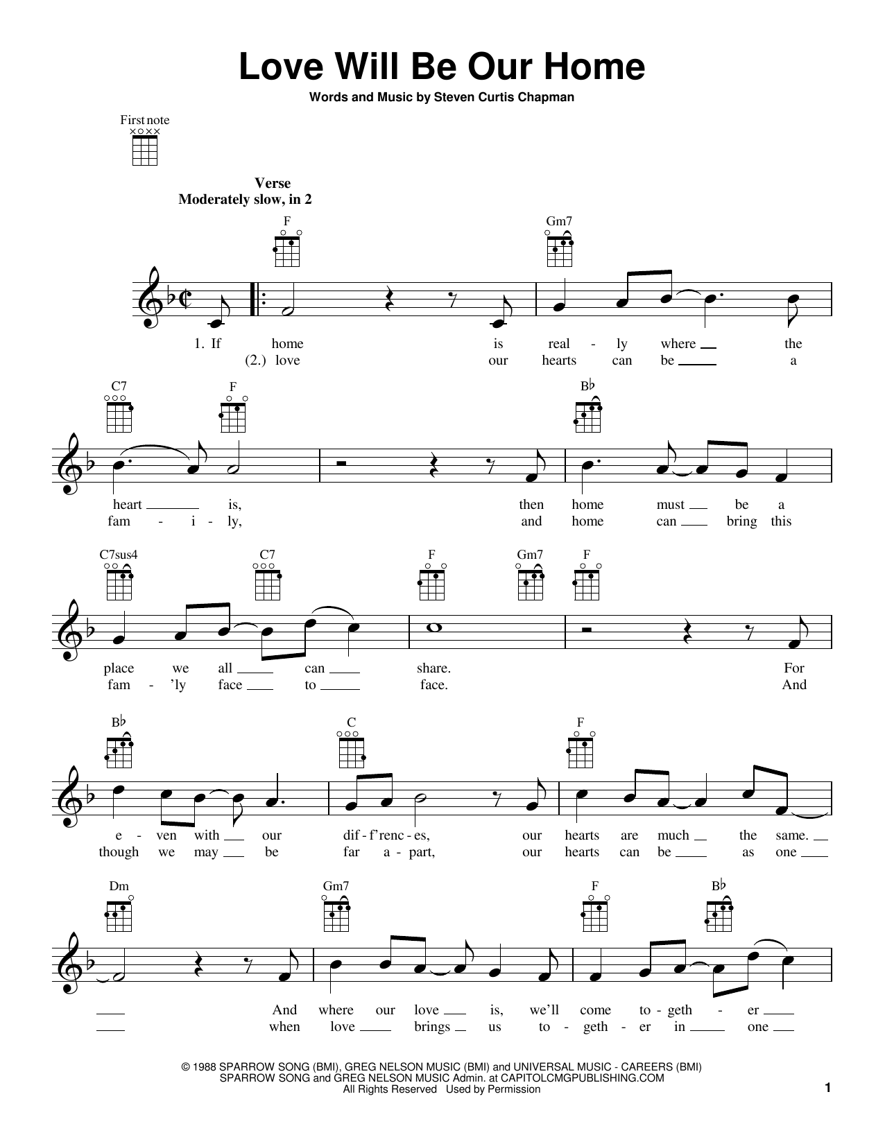 Learn to play Steven Curtis Chapman Love Will Be Our Home sheet music for Ukulele in minutes. Price: 5.9900$ Steven Curtis Chapman Love Will Be Our Home sheet music notes and chords arranged for Ukulele