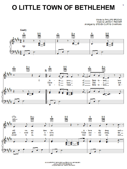 Learn to play Steven Curtis Chapman O Little Town Of Bethlehem sheet music for Piano, Vocal & Guitar Chords (Right-Hand Melody) in minutes. Price: 7.8900$ Steven Curtis Chapman O Little Town Of Bethlehem sheet music notes and chords arranged for Piano, Vocal & Guitar Chords (Right-Hand Melody)