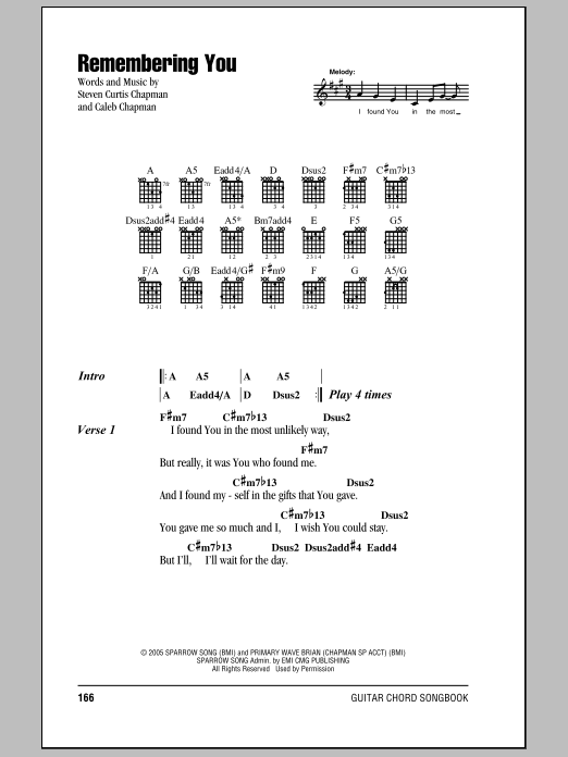 Steven Curtis Chapman Remembering You sheet music notes and chords. Download Printable PDF.