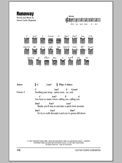 Steven Curtis Chapman Runaway sheet music notes and chords. Download Printable PDF.