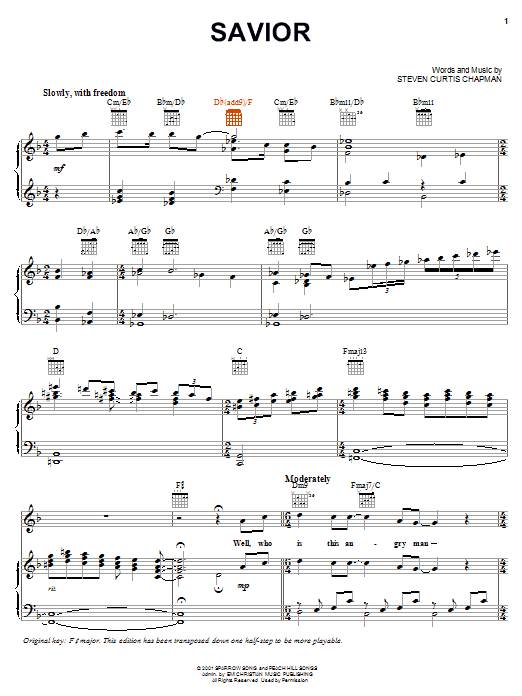Learn to play Steven Curtis Chapman Savior sheet music for Piano, Vocal & Guitar Chords (Right-Hand Melody) in minutes. Price: 7.8900$ Steven Curtis Chapman Savior sheet music notes and chords arranged for Piano, Vocal & Guitar Chords (Right-Hand Melody)