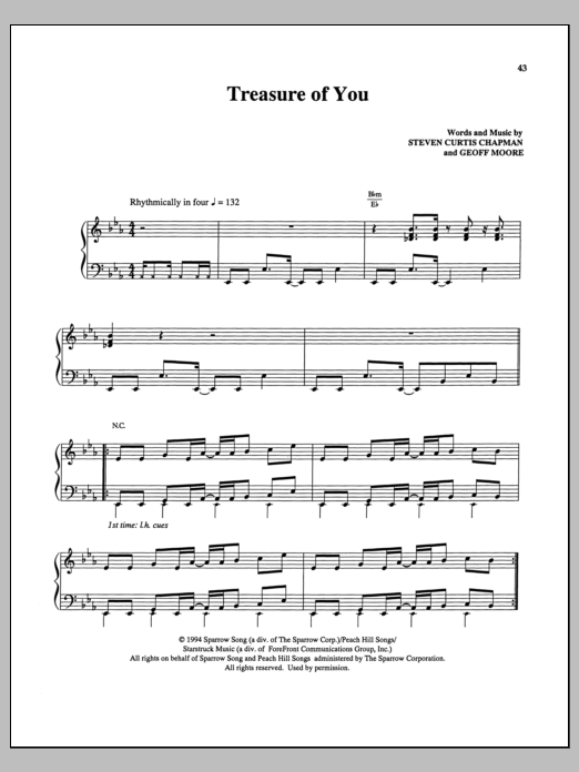 Learn to play Steven Curtis Chapman Treasure Of You sheet music for Piano, Vocal & Guitar Chords (Right-Hand Melody) in minutes. Price: 7.8900$ Steven Curtis Chapman Treasure Of You sheet music notes and chords arranged for Piano, Vocal & Guitar Chords (Right-Hand Melody)