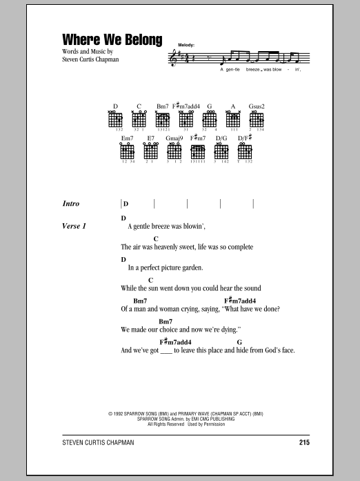 Steven Curtis Chapman Where We Belong sheet music notes and chords. Download Printable PDF.