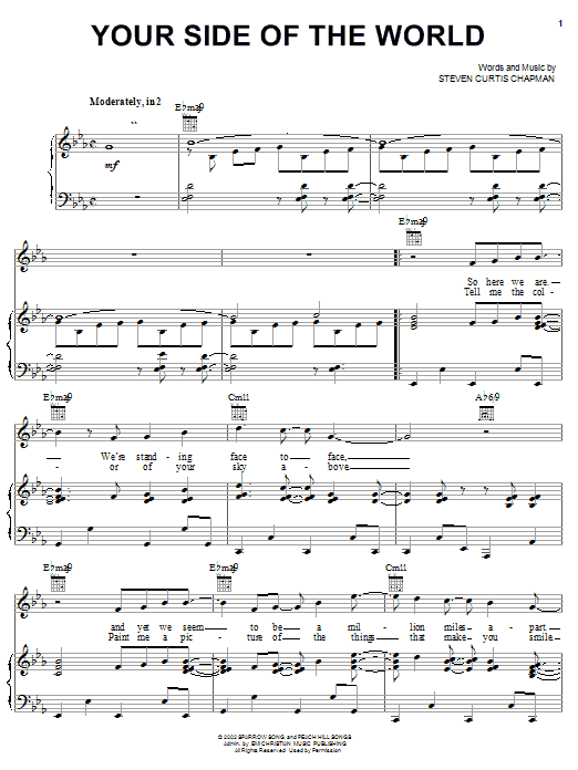 Learn to play Steven Curtis Chapman Your Side Of The World sheet music for Piano, Vocal & Guitar Chords (Right-Hand Melody) in minutes. Price: 7.8900$ Steven Curtis Chapman Your Side Of The World sheet music notes and chords arranged for Piano, Vocal & Guitar Chords (Right-Hand Melody)