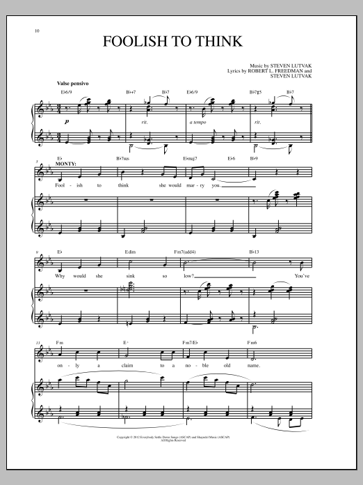 Steven Lutvak Foolish To Think sheet music notes and chords. Download Printable PDF.