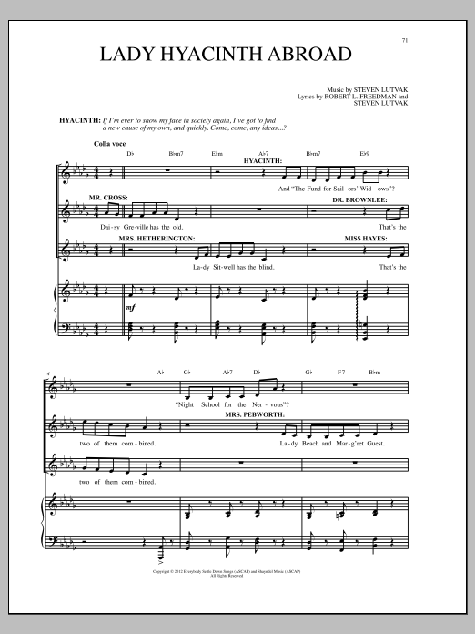 Learn to play Steven Lutvak Lady Hyacinth Abroad sheet music for Piano & Vocal in minutes. Price: 7.8900$ Steven Lutvak Lady Hyacinth Abroad sheet music notes and chords arranged for Piano & Vocal
