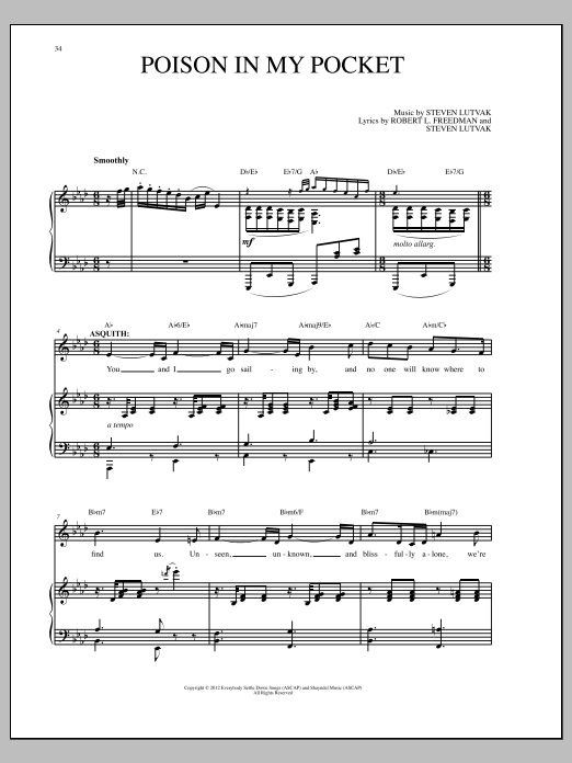 Learn to play Steven Lutvak Poison In My Pocket sheet music for Piano & Vocal in minutes. Price: 7.8900$ Steven Lutvak Poison In My Pocket sheet music notes and chords arranged for Piano & Vocal