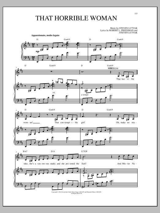 Learn to play Steven Lutvak That Horrible Woman sheet music for Piano & Vocal in minutes. Price: 7.8900$ Steven Lutvak That Horrible Woman sheet music notes and chords arranged for Piano & Vocal