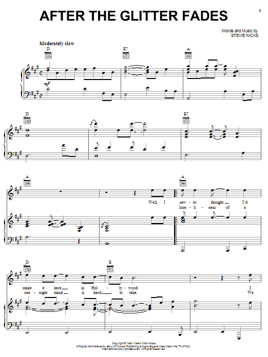 Learn to play Stevie Nicks After The Glitter Fades sheet music for Piano, Vocal & Guitar Chords (Right-Hand Melody) in minutes. Price: 7.8900$ Stevie Nicks After The Glitter Fades sheet music notes and chords arranged for Piano, Vocal & Guitar Chords (Right-Hand Melody)