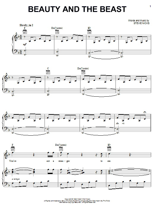 Learn to play Stevie Nicks Beauty And The Beast sheet music for Piano, Vocal & Guitar Chords (Right-Hand Melody) in minutes. Price: 7.8900$ Stevie Nicks Beauty And The Beast sheet music notes and chords arranged for Piano, Vocal & Guitar Chords (Right-Hand Melody)