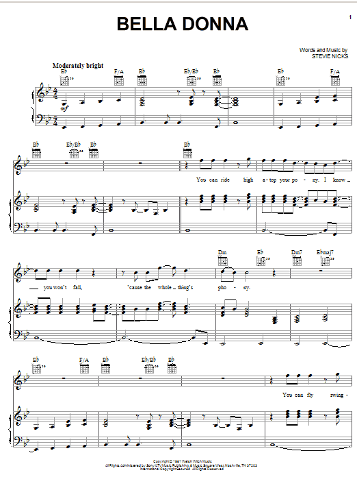 Learn to play Stevie Nicks Bella Donna sheet music for Piano, Vocal & Guitar Chords (Right-Hand Melody) in minutes. Price: 7.8900$ Stevie Nicks Bella Donna sheet music notes and chords arranged for Piano, Vocal & Guitar Chords (Right-Hand Melody)