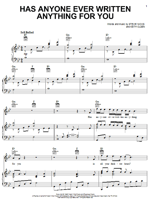 Learn to play Stevie Nicks Has Anyone Ever Written Anything For You sheet music for Piano, Vocal & Guitar Chords (Right-Hand Melody) in minutes. Price: 7.8900$ Stevie Nicks Has Anyone Ever Written Anything For You sheet music notes and chords arranged for Piano, Vocal & Guitar Chords (Right-Hand Melody)