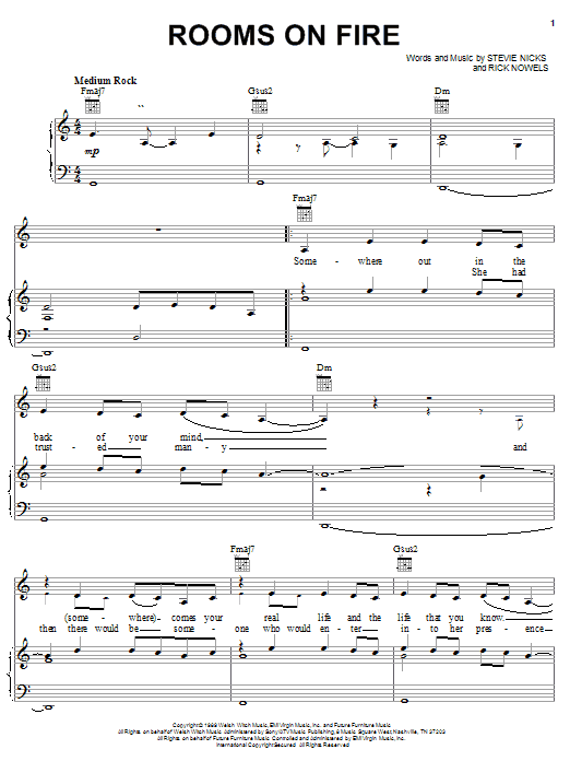 Learn to play Stevie Nicks Rooms On Fire sheet music for Piano, Vocal & Guitar Chords (Right-Hand Melody) in minutes. Price: 7.8900$ Stevie Nicks Rooms On Fire sheet music notes and chords arranged for Piano, Vocal & Guitar Chords (Right-Hand Melody)