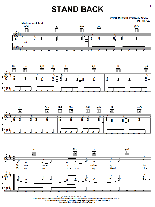 Learn to play Stevie Nicks Stand Back sheet music for Piano, Vocal & Guitar Chords in minutes. Price: 7.8900$ Stevie Nicks Stand Back sheet music notes and chords arranged for Piano, Vocal & Guitar Chords