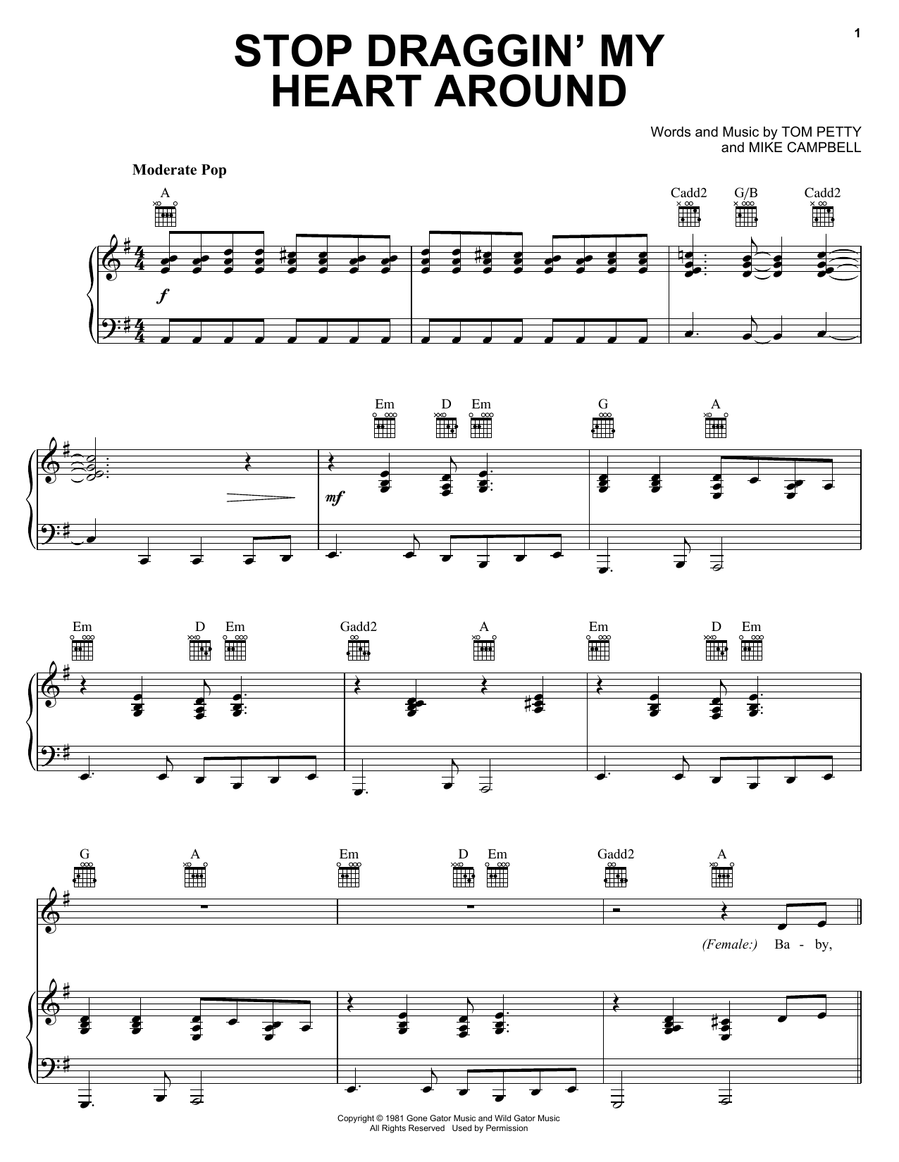 Stevie Nicks with Tom Petty Stop Draggin' My Heart Around sheet music notes and chords. Download Printable PDF.