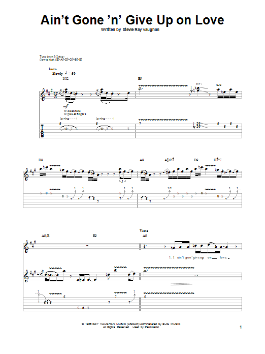 Stevie Ray Vaughan Ain't Gone 'N' Give Up On Love sheet music notes and chords. Download Printable PDF.