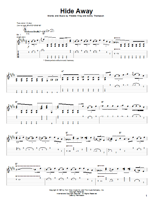 Stevie Ray Vaughan Hide Away sheet music notes and chords. Download Printable PDF.