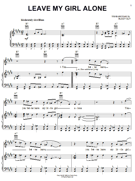 Learn to play Stevie Ray Vaughan Leave My Girl Alone sheet music for Piano, Vocal & Guitar Chords (Right-Hand Melody) in minutes. Price: 7.8900$ Stevie Ray Vaughan Leave My Girl Alone sheet music notes and chords arranged for Piano, Vocal & Guitar Chords (Right-Hand Melody)
