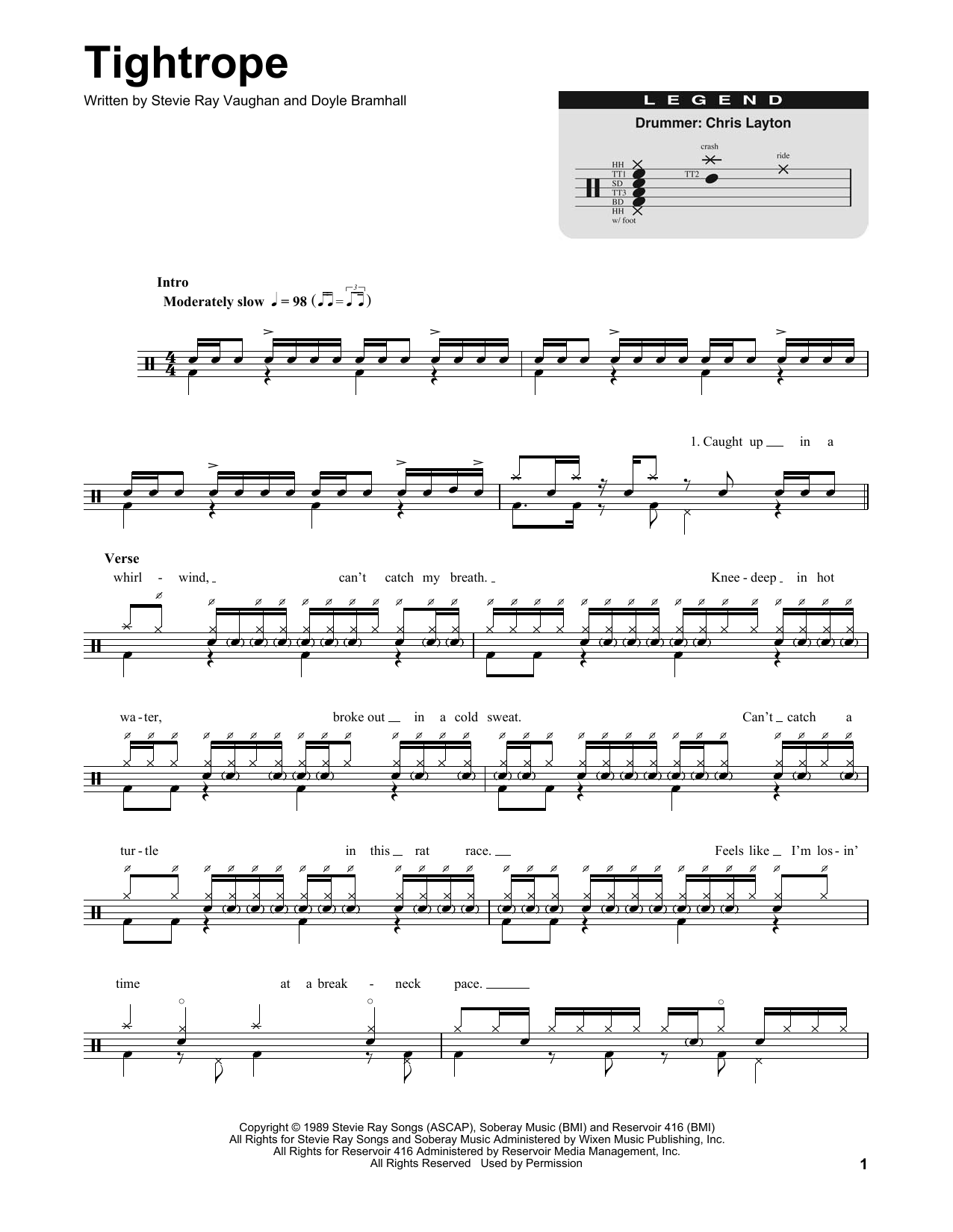 Stevie Ray Vaughan Tightrope sheet music notes and chords. Download Printable PDF.