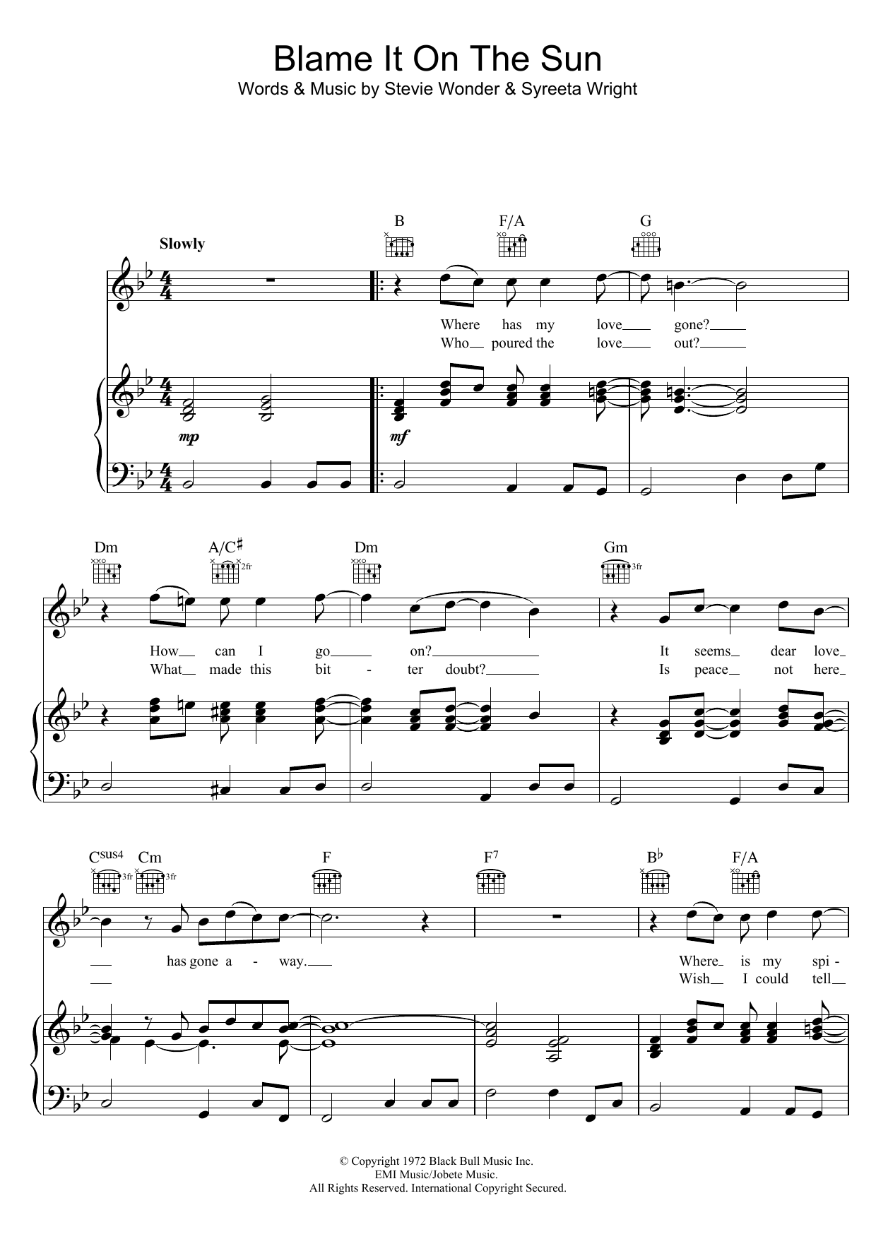 Stevie Wonder Blame It On The Sun sheet music notes and chords. Download Printable PDF.