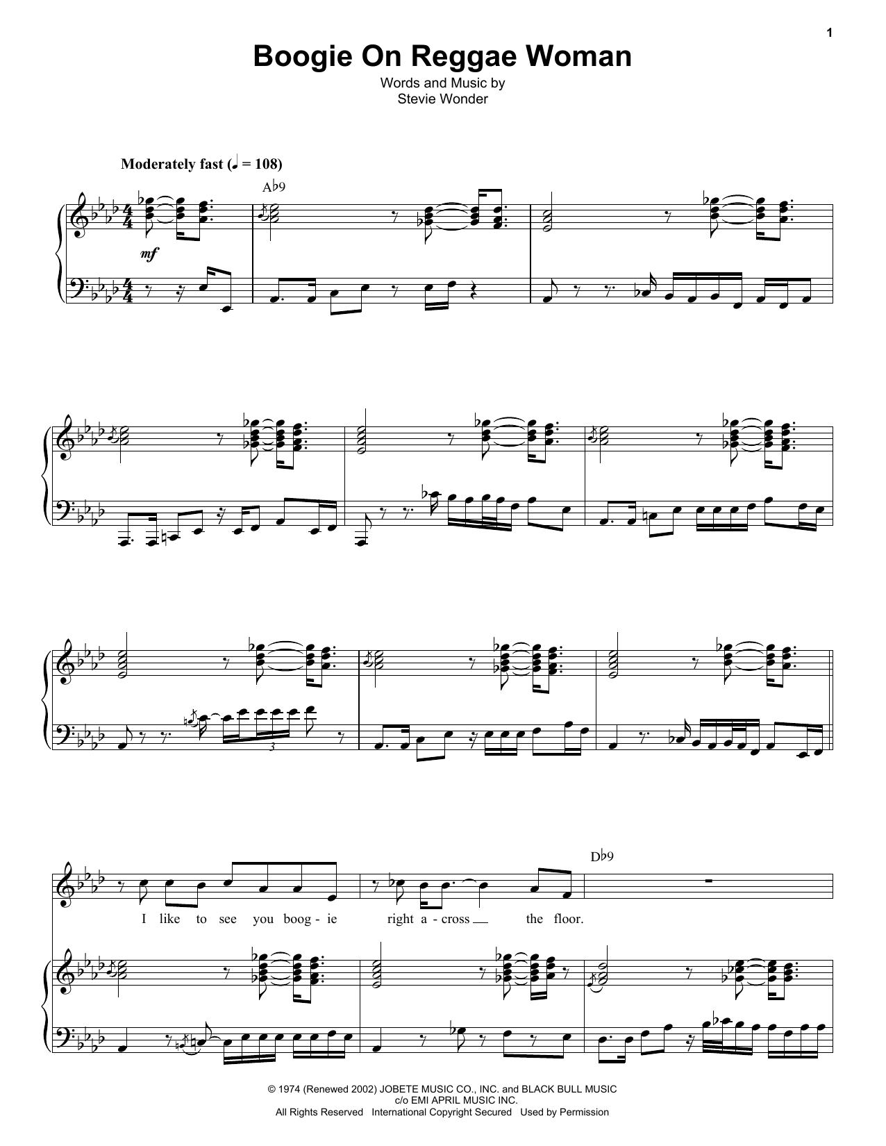 Stevie Wonder Boogie On Reggae Woman sheet music notes and chords. Download Printable PDF.