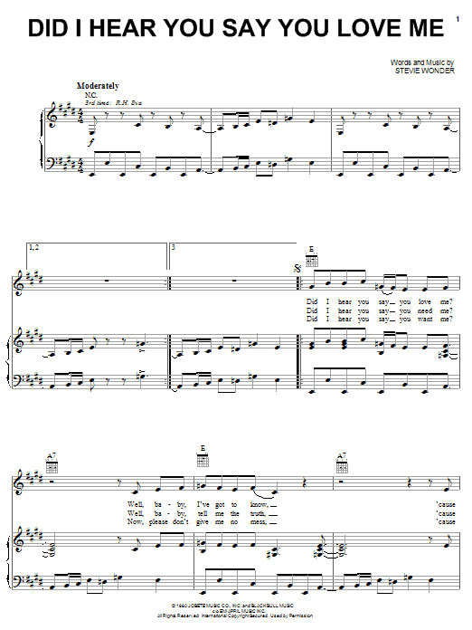 Learn to play Stevie Wonder Did I Hear You Say You Love Me sheet music for Piano, Vocal & Guitar Chords (Right-Hand Melody) in minutes. Price: 7.8900$ Stevie Wonder Did I Hear You Say You Love Me sheet music notes and chords arranged for Piano, Vocal & Guitar Chords (Right-Hand Melody)