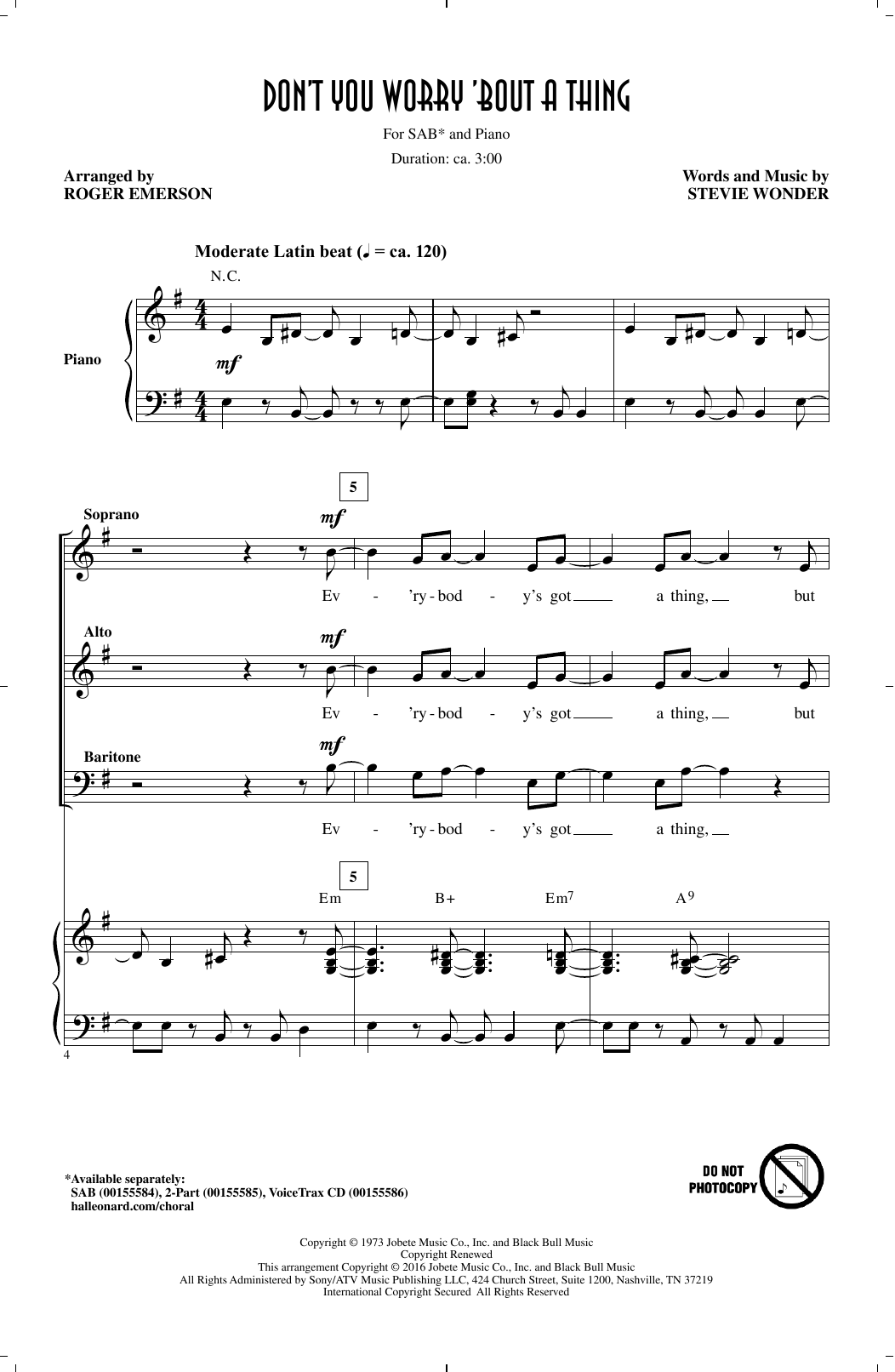 Stevie Wonder Don't You Worry 'Bout A Thing (arr. Roger Emerson) sheet music notes and chords. Download Printable PDF.