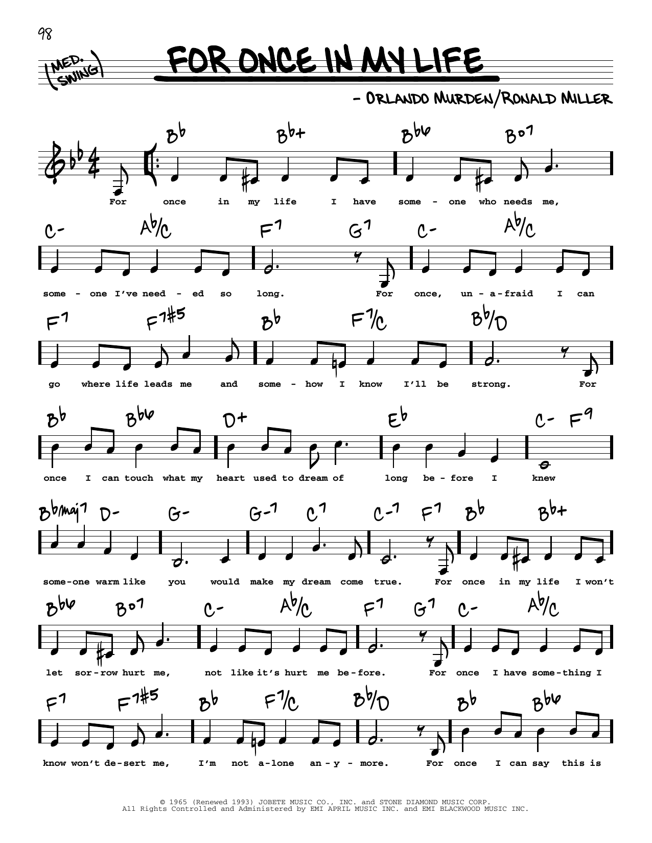 Stevie Wonder For Once In My Life (Low Voice) sheet music notes and chords. Download Printable PDF.