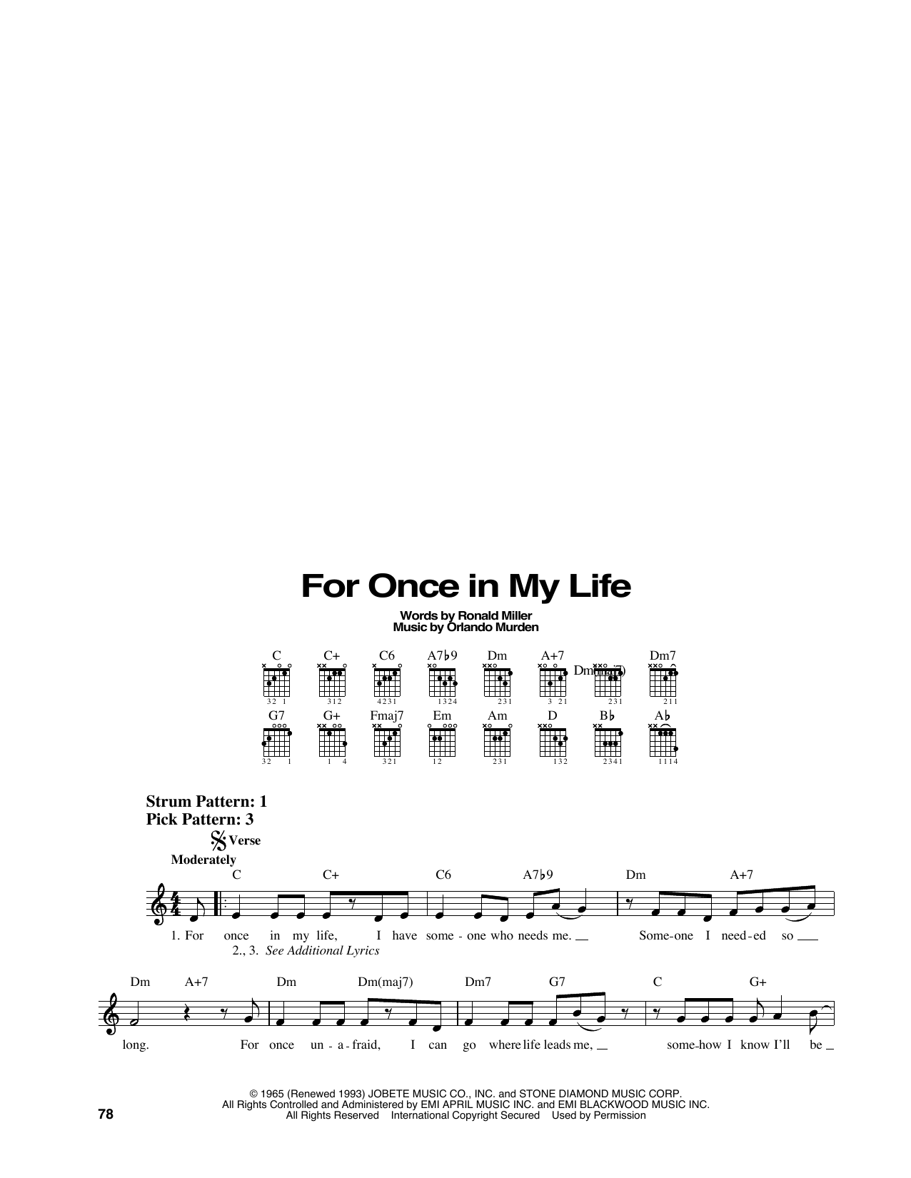 Stevie Wonder For Once In My Life sheet music notes and chords. Download Printable PDF.