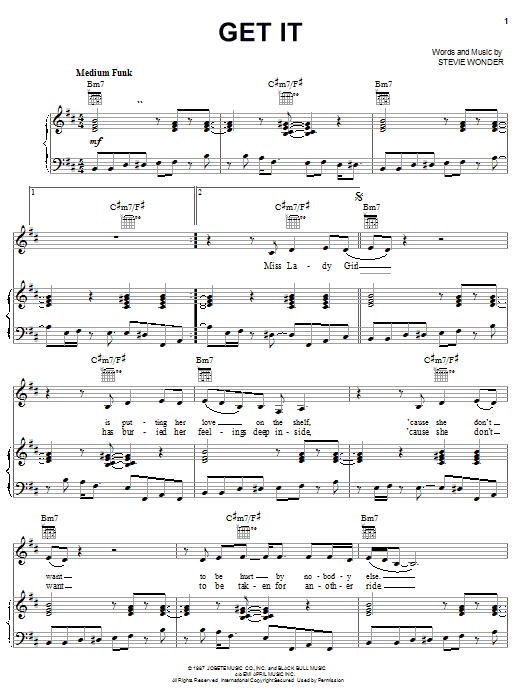 Learn to play Stevie Wonder Get It sheet music for Piano, Vocal & Guitar Chords (Right-Hand Melody) in minutes. Price: 7.8900$ Stevie Wonder Get It sheet music notes and chords arranged for Piano, Vocal & Guitar Chords (Right-Hand Melody)