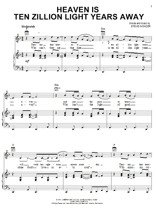 Stevie Wonder Heaven Is Ten Zillion Light Years Away sheet music notes and chords arranged for Piano, Vocal & Guitar Chords (Right-Hand Melody)