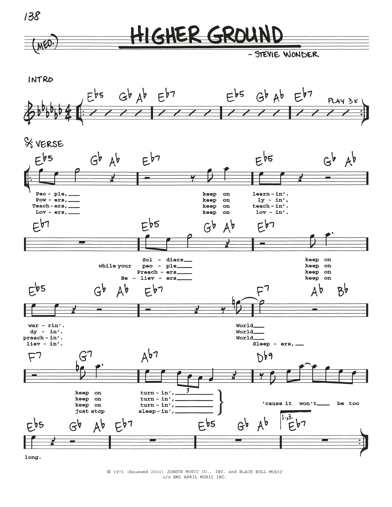 Stevie Wonder Higher Ground sheet music notes and chords. Download Printable PDF.