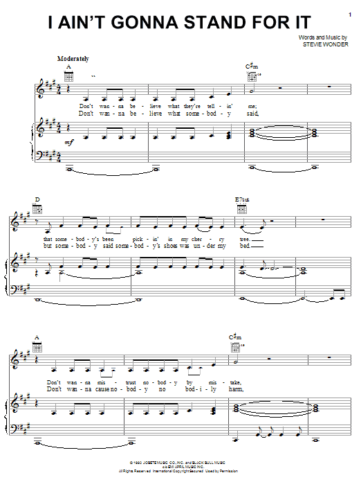 Learn to play Stevie Wonder I Ain't Gonna Stand For It sheet music for Piano, Vocal & Guitar Chords (Right-Hand Melody) in minutes. Price: 7.8900$ Stevie Wonder I Ain't Gonna Stand For It sheet music notes and chords arranged for Piano, Vocal & Guitar Chords (Right-Hand Melody)