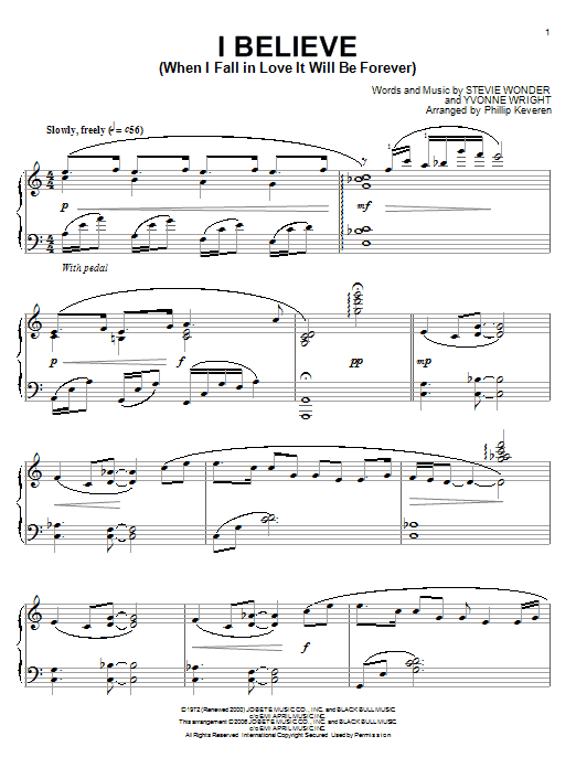 Stevie Wonder I Believe (When I Fall In Love It Will Be Forever) sheet music notes and chords arranged for Piano Solo