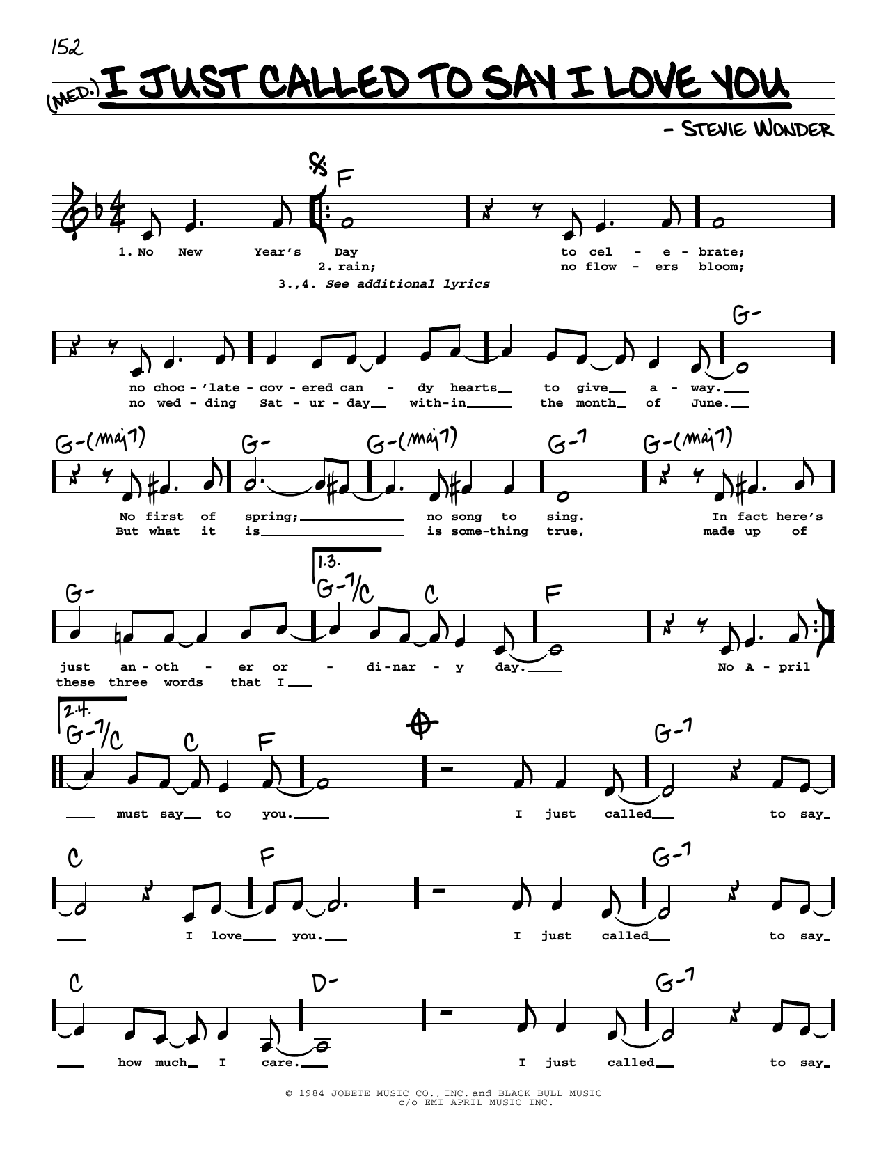 Learn to play Stevie Wonder I Just Called To Say I Love You (Low Voice) sheet music for Real Book – Melody, Lyrics & Chords in minutes. Price: 5.9900$ Stevie Wonder I Just Called To Say I Love You (Low Voice) sheet music notes and chords arranged for Real Book – Melody, Lyrics & Chords