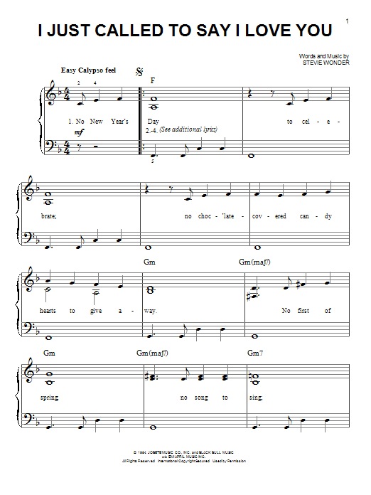 Stevie Wonder I Just Called To Say I Love You sheet music notes and chords. Download Printable PDF.