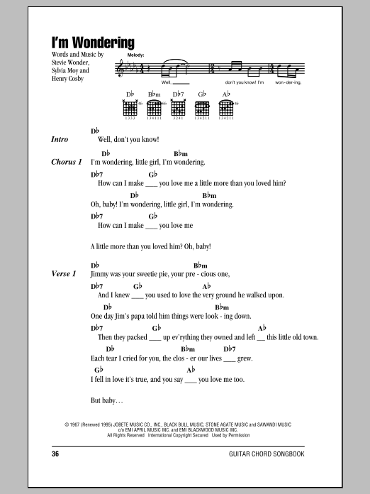 Learn to play Stevie Wonder I'm Wondering sheet music for Piano, Vocal & Guitar Chords (Right-Hand Melody) in minutes. Price: 7.8900$ Stevie Wonder I'm Wondering sheet music notes and chords arranged for Piano, Vocal & Guitar Chords (Right-Hand Melody)
