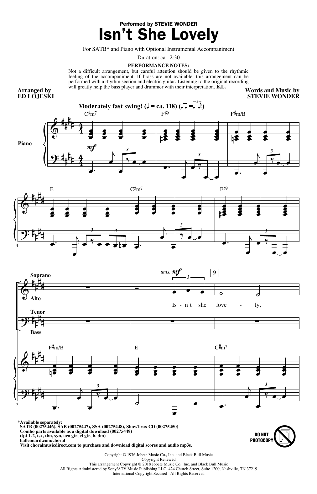 Stevie Wonder Isn't She Lovely (arr. Ed Lojeski) sheet music notes and chords arranged for SATB Choir