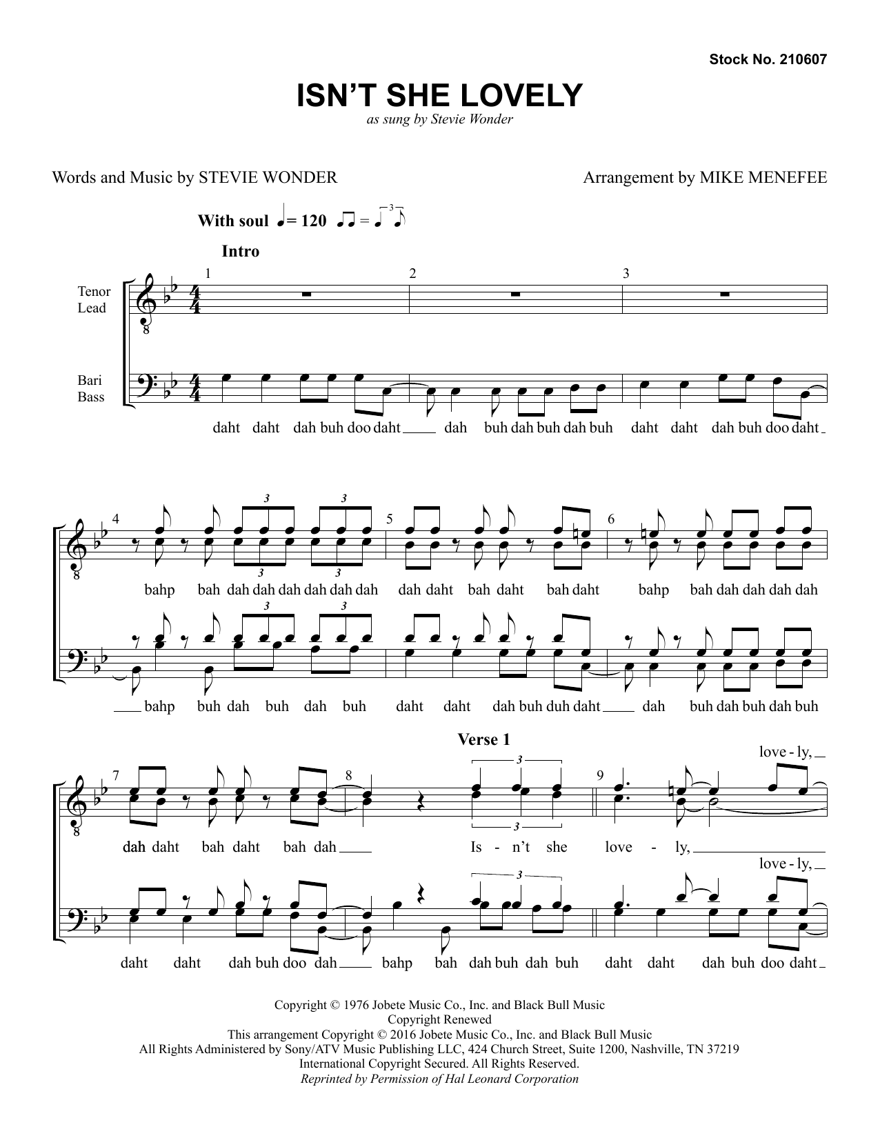 Stevie Wonder Isn't She Lovely (arr. Mike Menefee) sheet music notes and chords. Download Printable PDF.