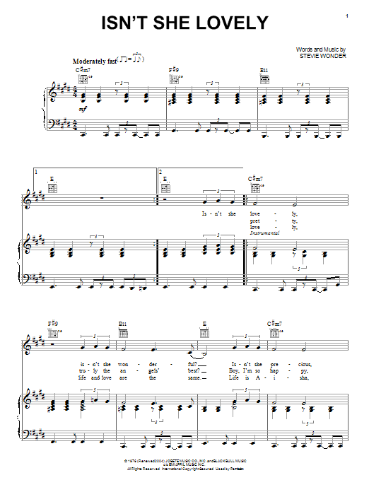 Stevie Wonder Isn't She Lovely sheet music notes and chords. Download Printable PDF.