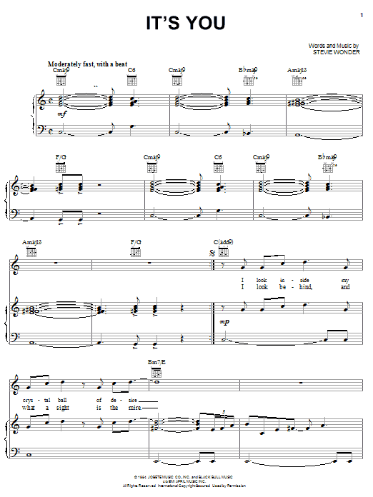 Learn to play Stevie Wonder It's You sheet music for Piano, Vocal & Guitar Chords (Right-Hand Melody) in minutes. Price: 7.8900$ Stevie Wonder It's You sheet music notes and chords arranged for Piano, Vocal & Guitar Chords (Right-Hand Melody)