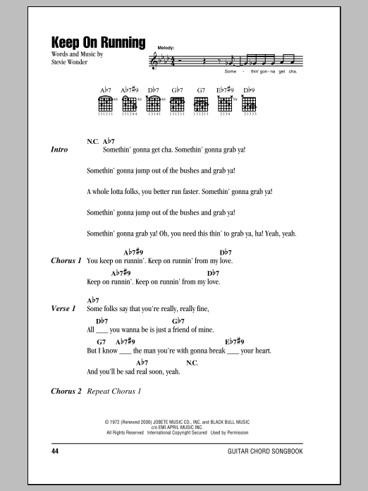 Stevie Wonder Keep On Running sheet music notes and chords. Download Printable PDF.