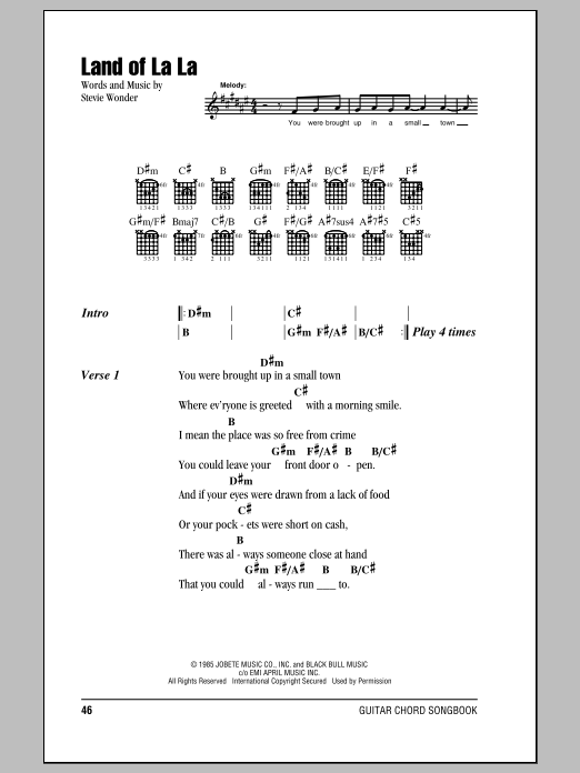Learn to play Stevie Wonder Land Of La La sheet music for Piano, Vocal & Guitar Chords (Right-Hand Melody) in minutes. Price: 7.8900$ Stevie Wonder Land Of La La sheet music notes and chords arranged for Piano, Vocal & Guitar Chords (Right-Hand Melody)