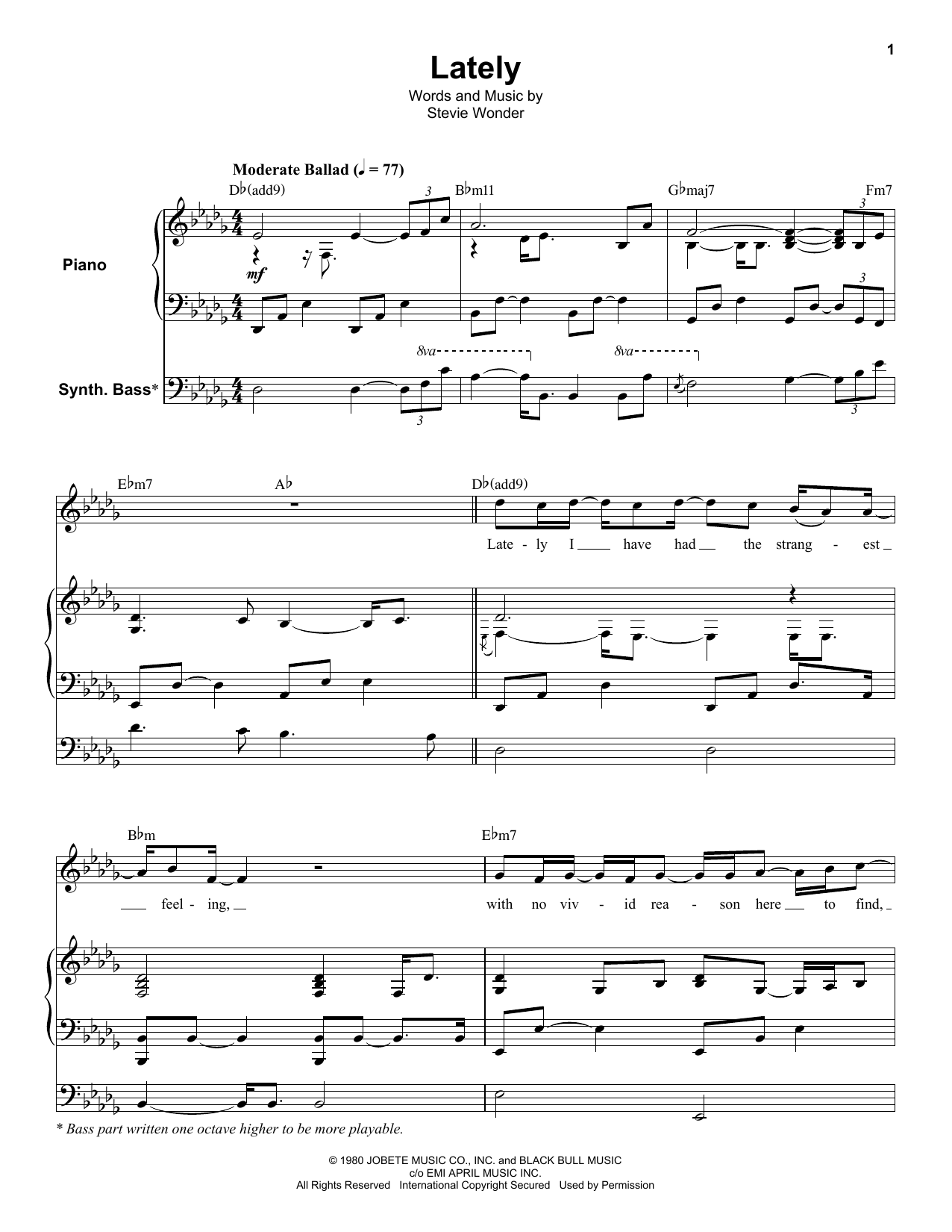 Stevie Wonder Lately sheet music notes and chords. Download Printable PDF.