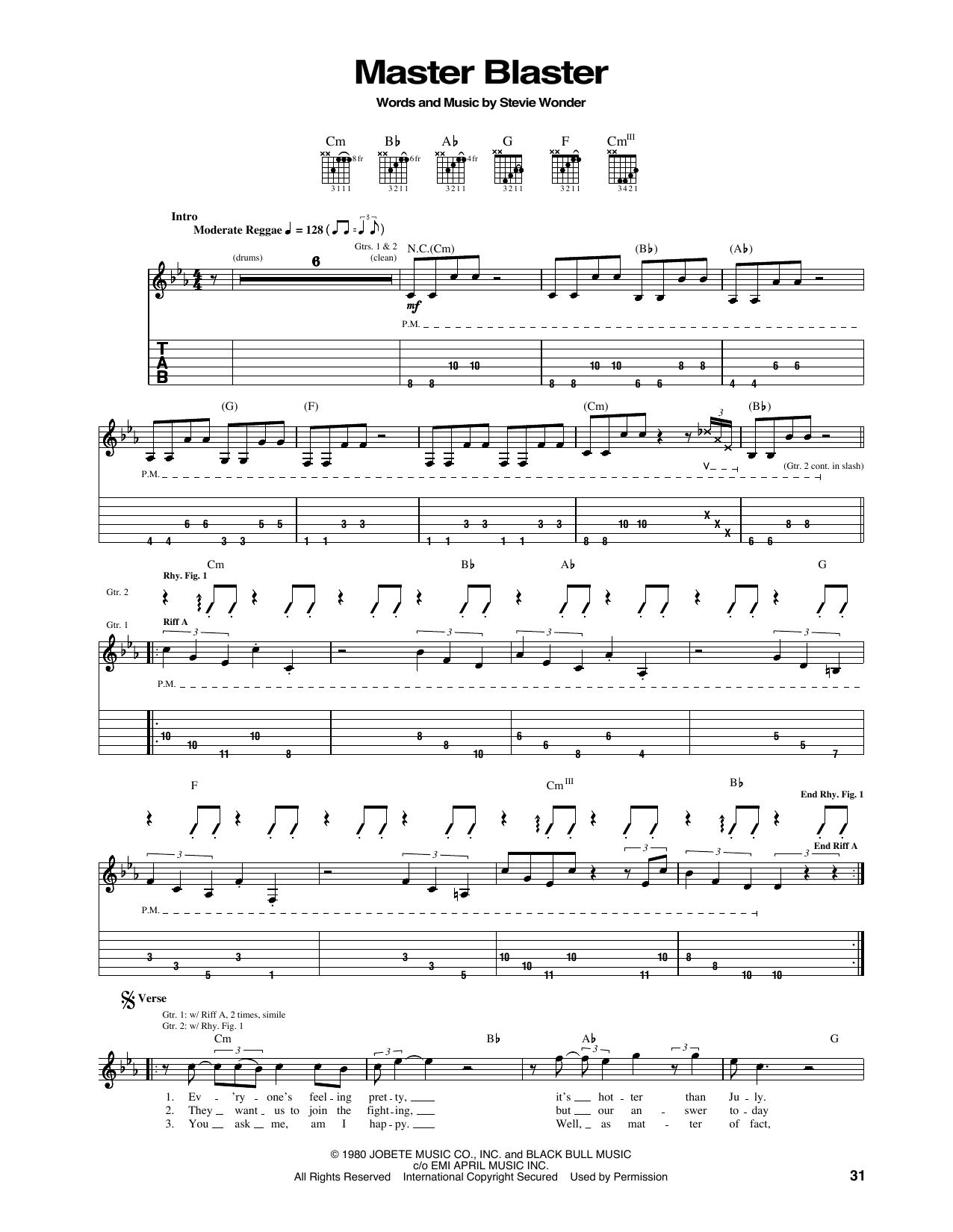 Stevie Wonder Master Blaster sheet music notes and chords. Download Printable PDF.