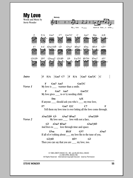 Learn to play Stevie Wonder My Love sheet music for Guitar Chords/Lyrics in minutes. Price: 4.4900$ Stevie Wonder My Love sheet music notes and chords arranged for Guitar Chords/Lyrics