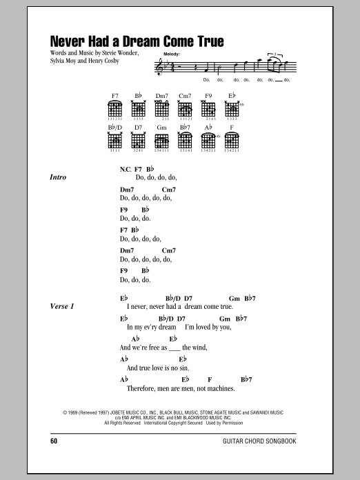 Learn to play Stevie Wonder Never Had A Dream Come True sheet music for Piano, Vocal & Guitar Chords (Right-Hand Melody) in minutes. Price: 7.8900$ Stevie Wonder Never Had A Dream Come True sheet music notes and chords arranged for Piano, Vocal & Guitar Chords (Right-Hand Melody)