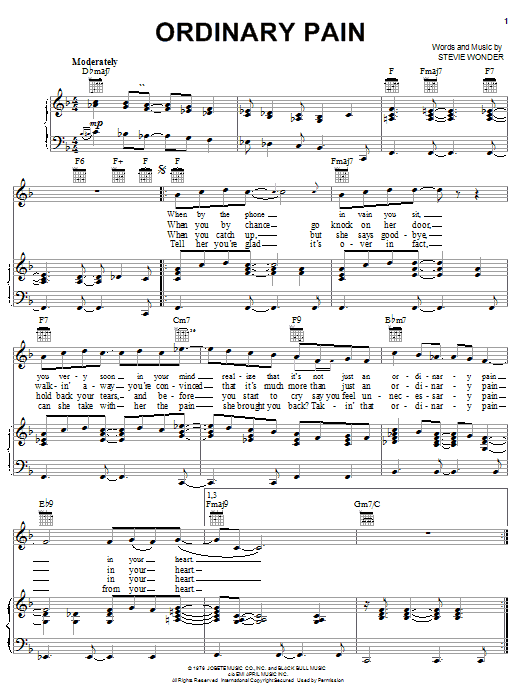 Learn to play Stevie Wonder Ordinary Pain sheet music for Piano, Vocal & Guitar Chords (Right-Hand Melody) in minutes. Price: 7.8900$ Stevie Wonder Ordinary Pain sheet music notes and chords arranged for Piano, Vocal & Guitar Chords (Right-Hand Melody)